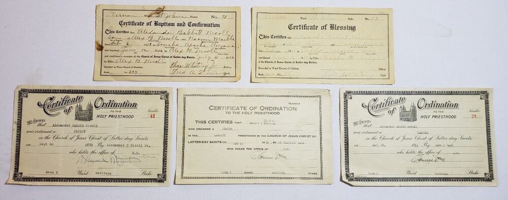 Mormon Paper Certificate of Ordination Priesthood Blessing Baptism 1918-1935
